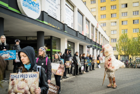 Protest Obránců zvířat: Zmrzačené kuře v nadživotní velikosti